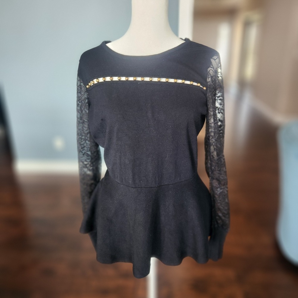 Y2K Thalia Sodi Peplum Top Vintage Goth Dark Fairy Lace Black Size S Metal Beads
